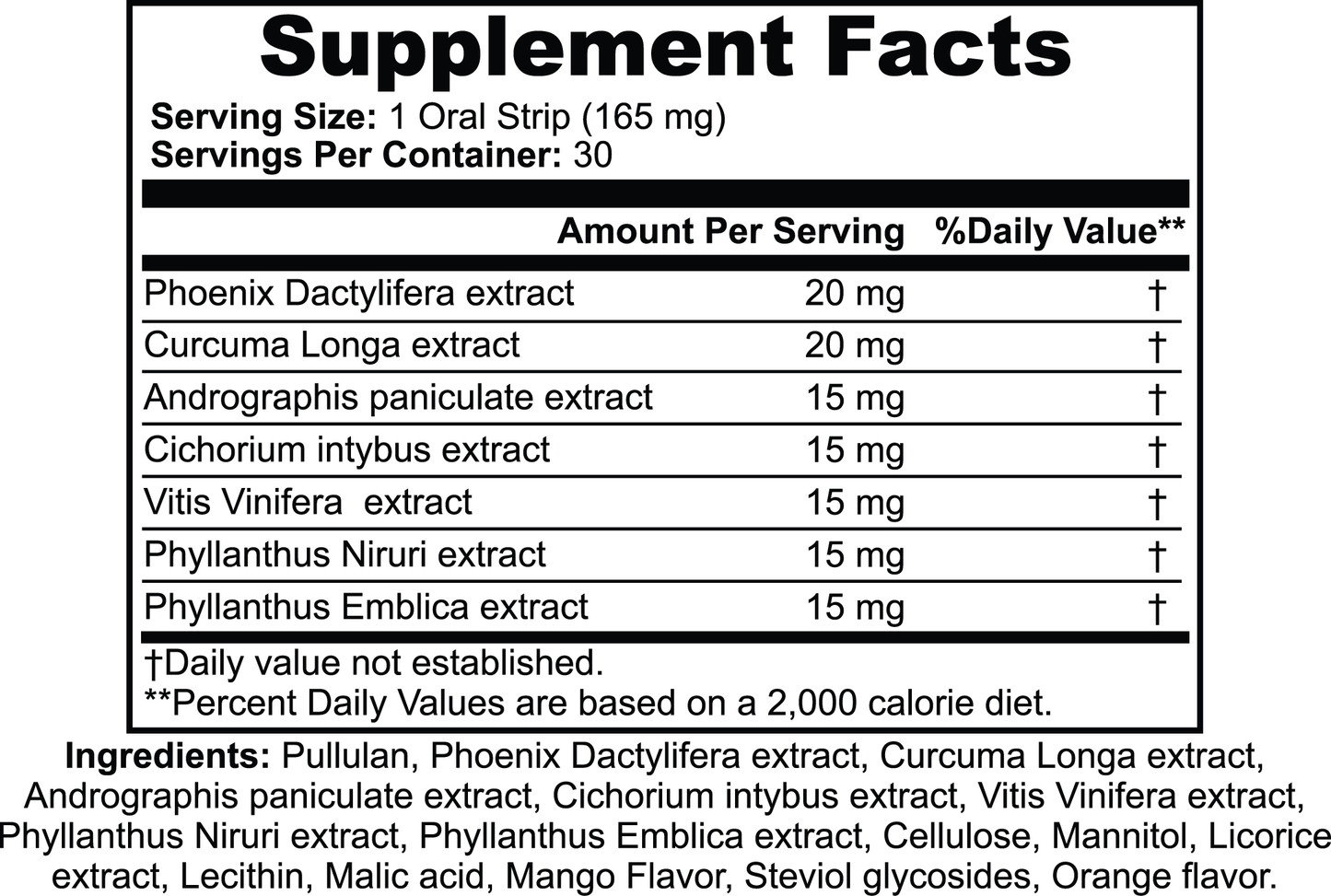 Supplement facts for Hangover Strips detailing ingredients like Curcuma Longa and Phyllanthus Emblica for recovery.