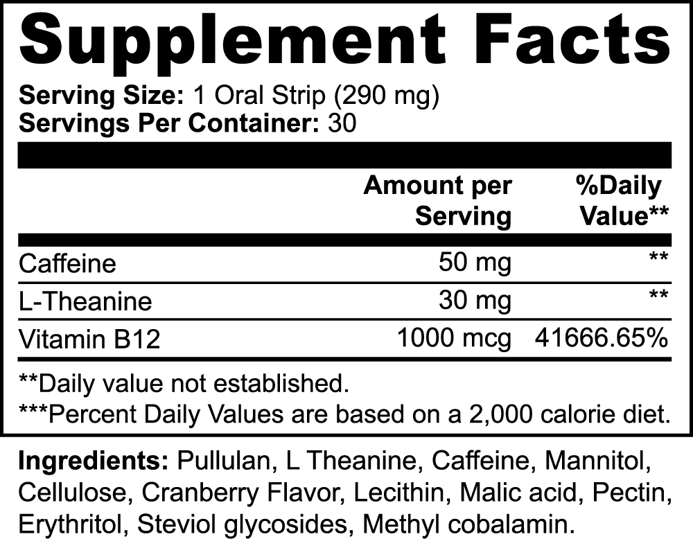 Supplement facts for Energy Strips showing ingredients, caffeine, L-Theanine, and Vitamin B12 content.