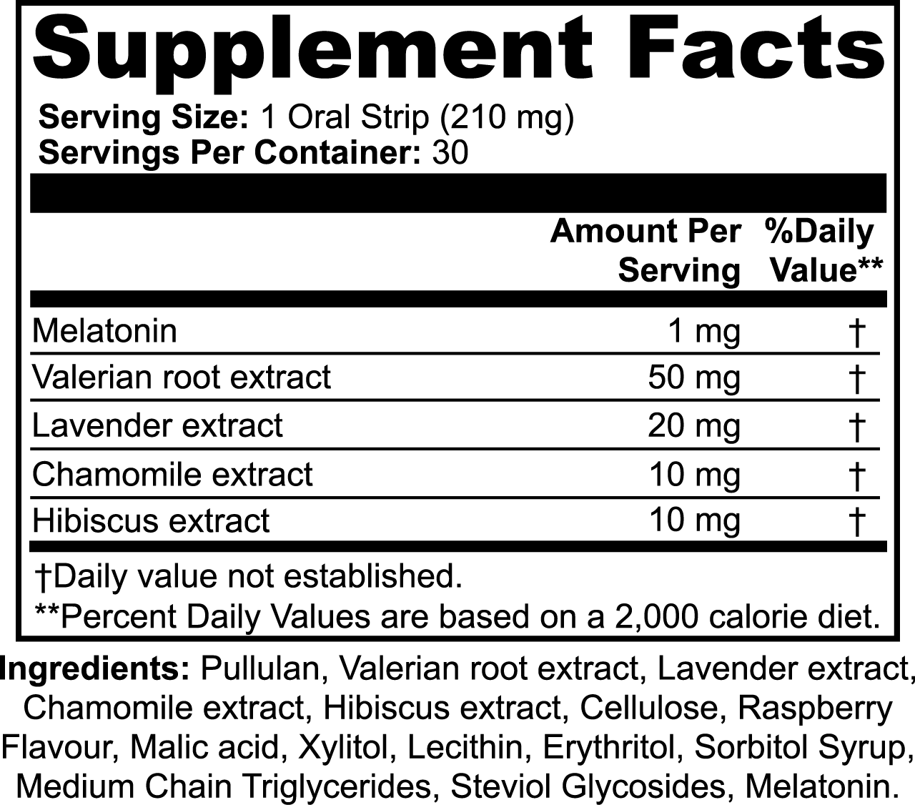 Supplement facts for Sleep Strips, highlighting natural ingredients like melatonin, valerian root, and lavender.