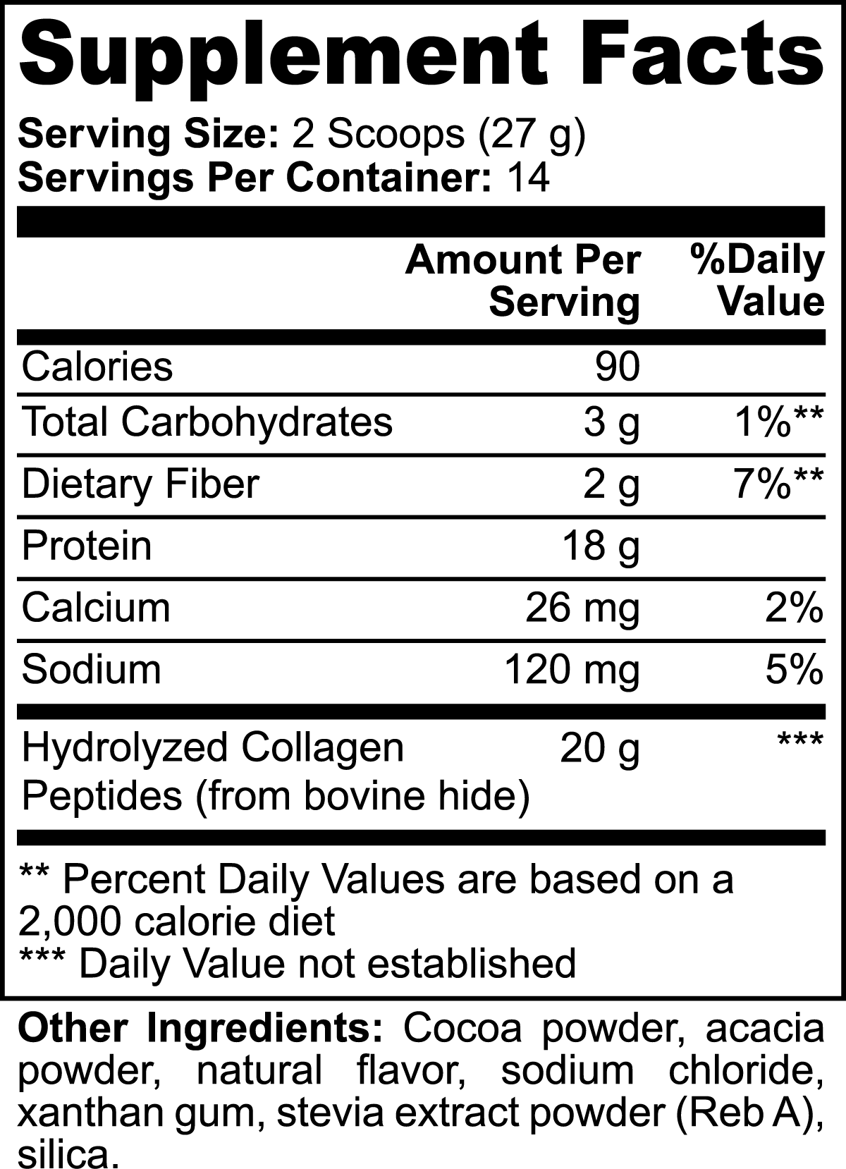 Nutrition facts for Grass-Fed Collagen Peptides Powder Chocolate, including calories, protein, and collagen content.