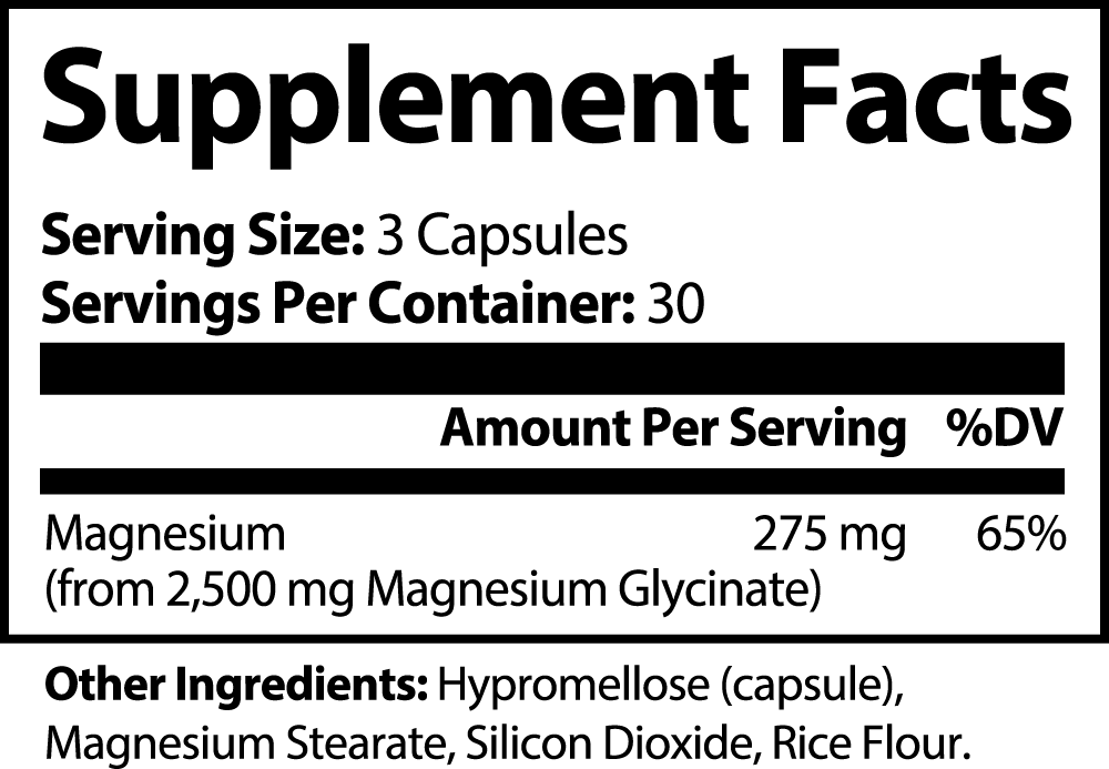 Supplement Facts for Magnesium Glycinate 400mg showing serving size, magnesium content, and other ingredients.