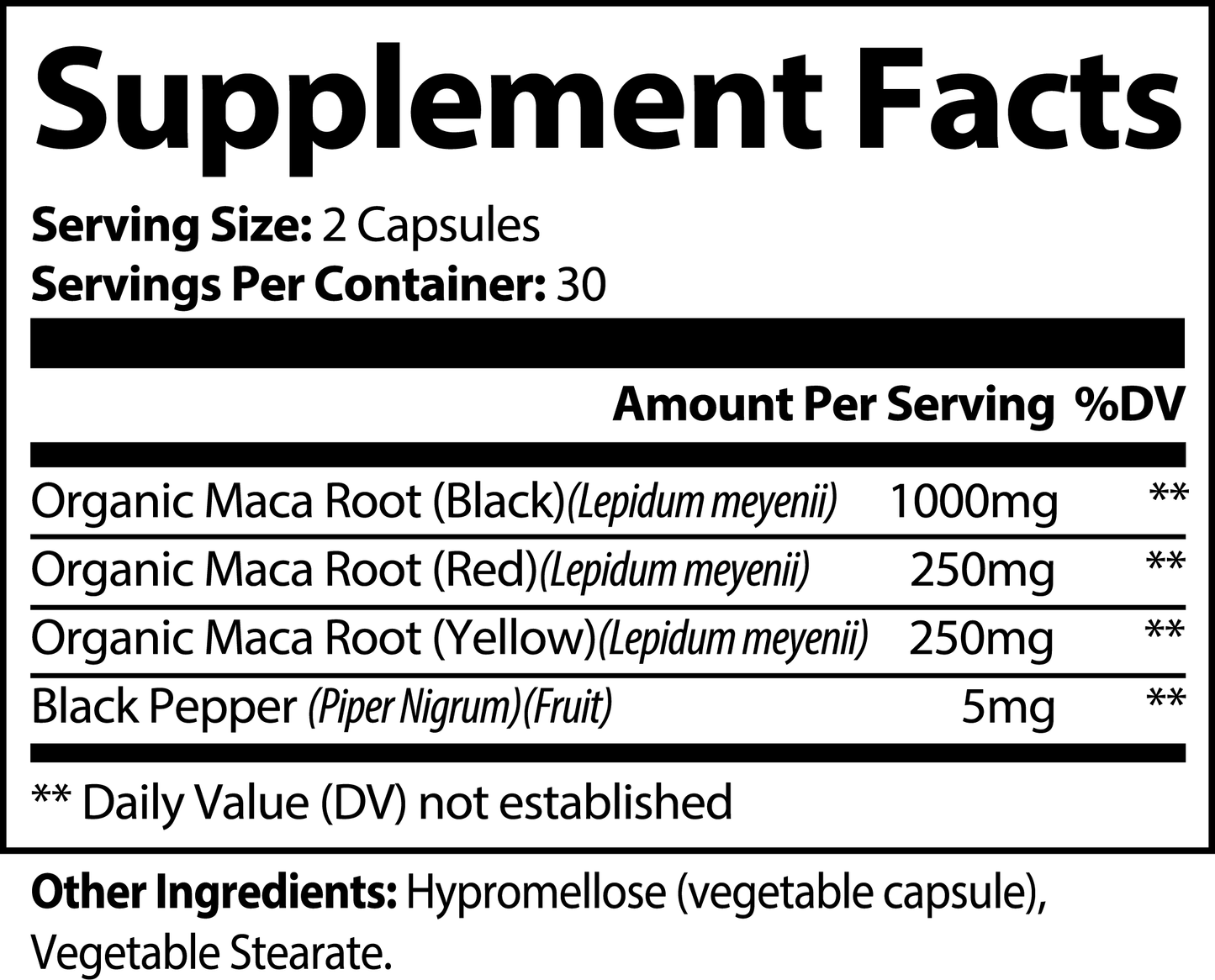 Supplement facts for Maca Plus energy and vitality supplement, detailing organic maca root varieties and black pepper ingredient.