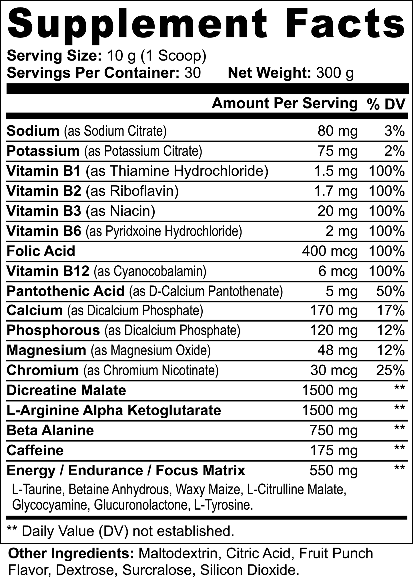 Supplement facts for Nitric Shock Pre-Workout Powder Fruit Punch, detailing ingredients and nutritional information.