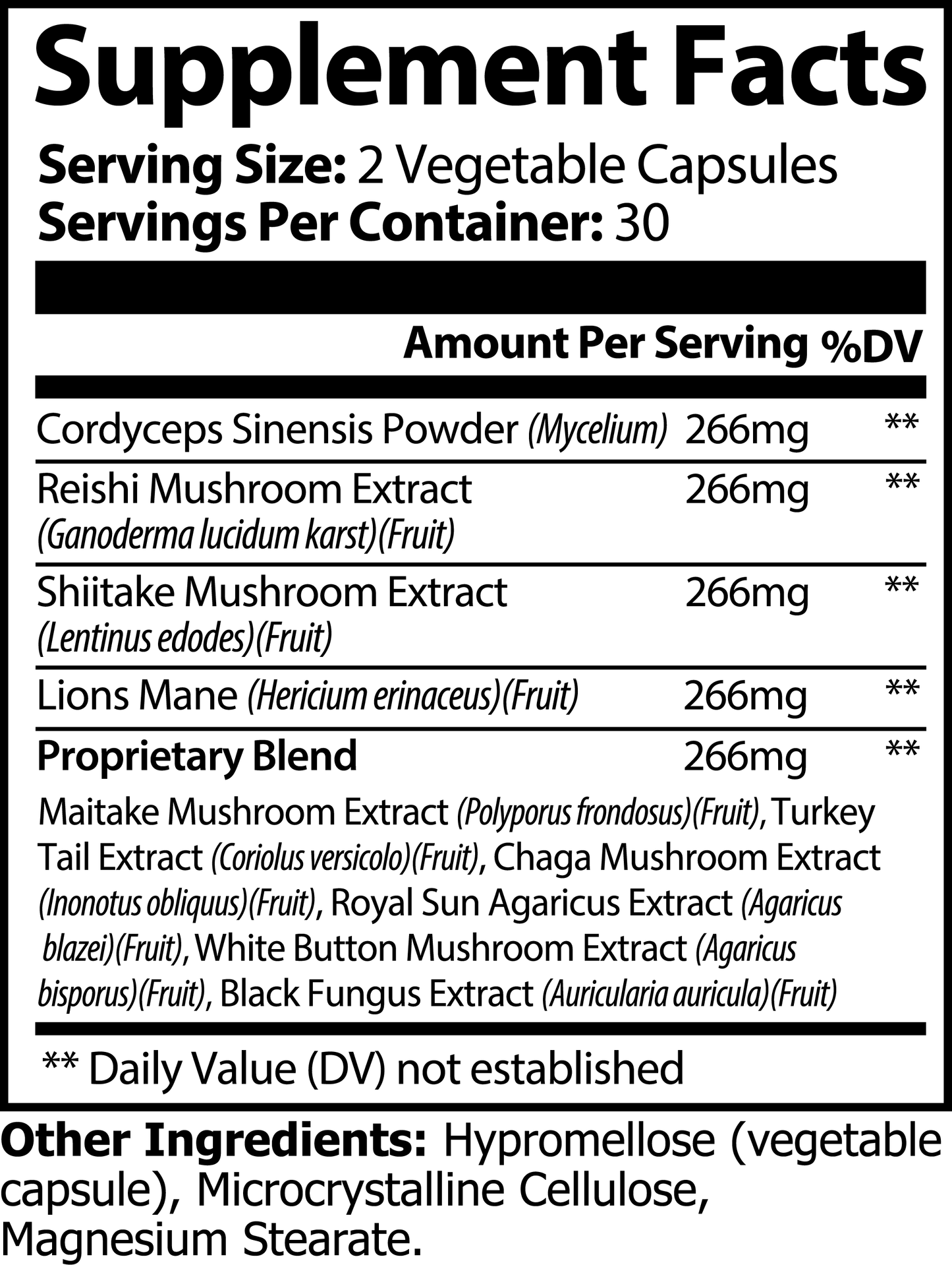 Supplement facts for Mushroom Complex 10 X, listing key ingredients and serving information.