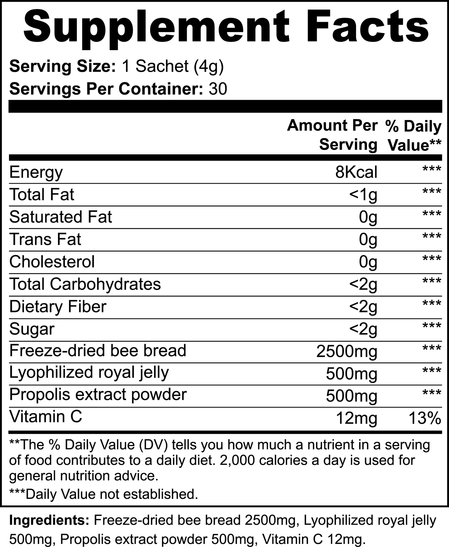 Supplement facts for Bee Bread Powder showing nutritional information and ingredients for energy and immunity support.