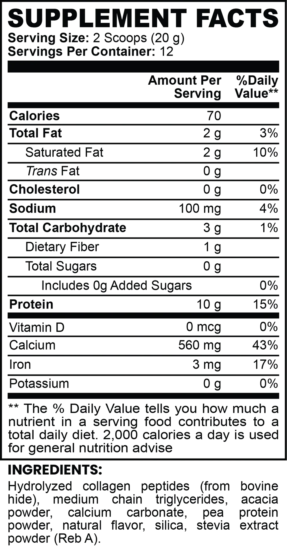 Nutrition facts and supplement information for Grass-Fed Collagen Creamer Vanilla.