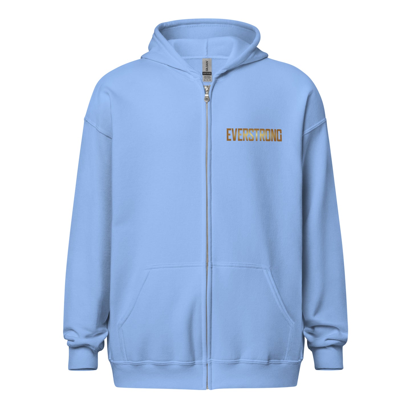 Light blue EVERSTRONG Heavy Blend Zip Hoodie featuring a metal zipper and front pockets.