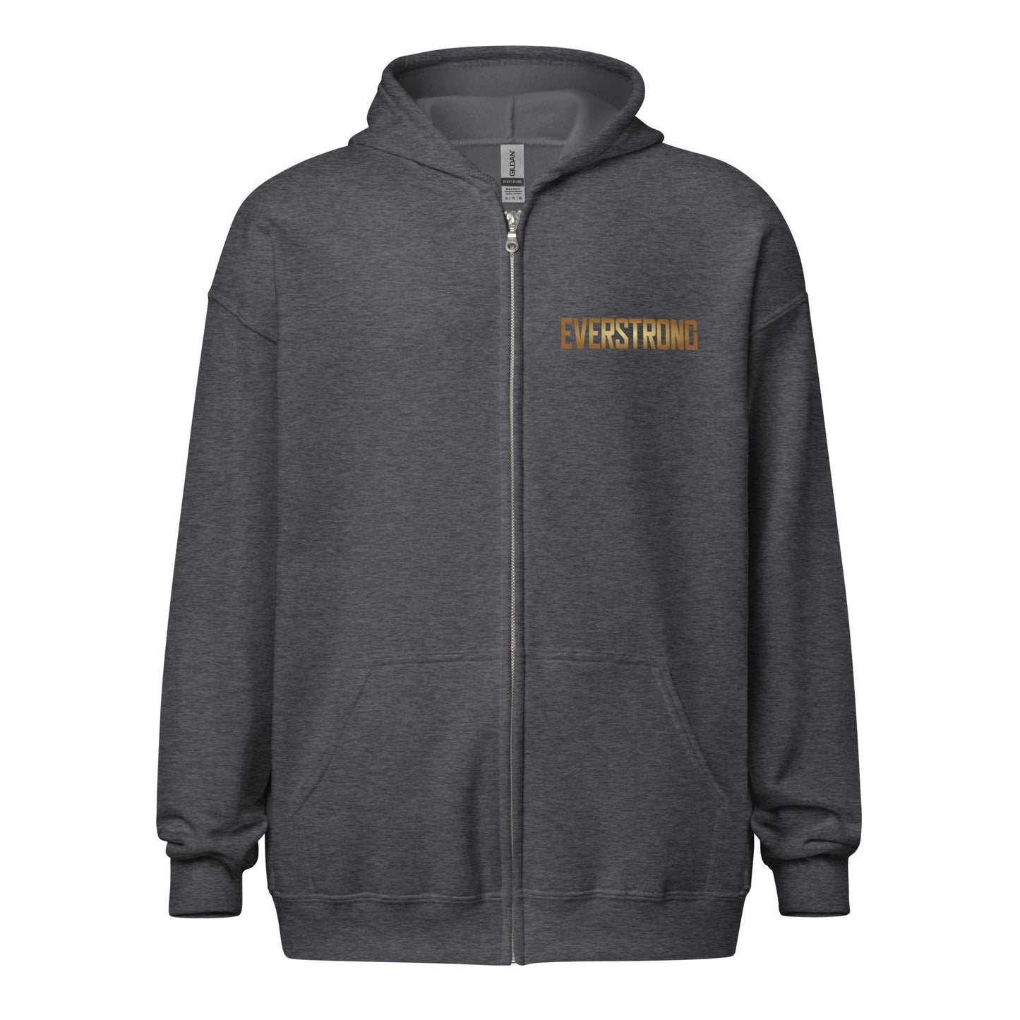EVERSTRONG Heavy Blend Zip Hoodie in dark gray with front zipper and logo, featuring pockets and a hood.