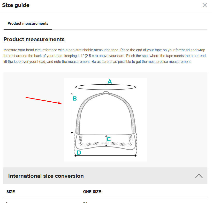 Size guide for EVERSTRONG closed-back trucker cap with product measurements and international size conversion.