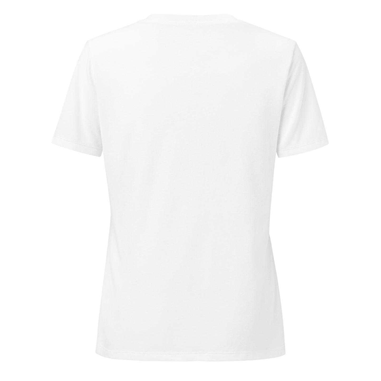 Back view of a white women's relaxed V-neck t-shirt showcasing a simple and comfortable design.