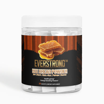 Everstrong Bee Bread Powder jar with 30 sachets, a dietary supplement for energy and immune support.