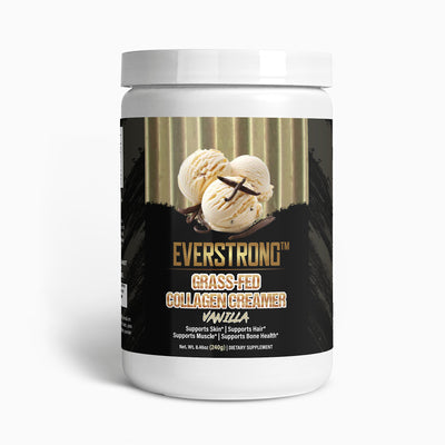 Everstrong Grass-Fed Collagen Creamer Vanilla in a container, supports skin, hair, muscle, and bone health.