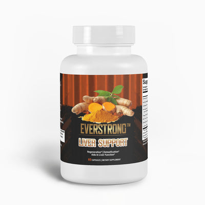 Everstrong Liver Support supplement bottle featuring turmeric and natural ingredients for detox and wellness.