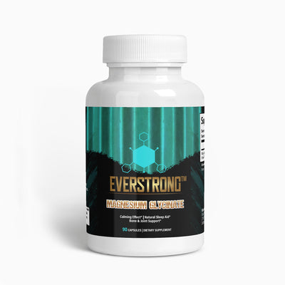 Everstrong Magnesium Glycinate Supplement bottle with 90 capsules for relaxation and sleep support.