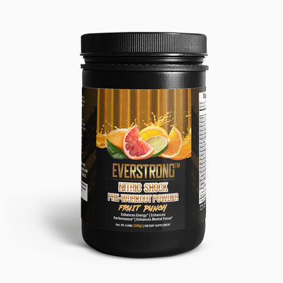 EverStrong Nitric Shock pre-workout powder in Fruit Punch flavor, designed for enhanced energy and focus.