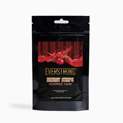 Everstrong Energy Strips packaging featuring cranberry flavor for natural focus and stamina boosting.