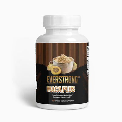 A bottle of Everstrong Maca Plus dietary supplement with a label showing maca root and the name of the product.