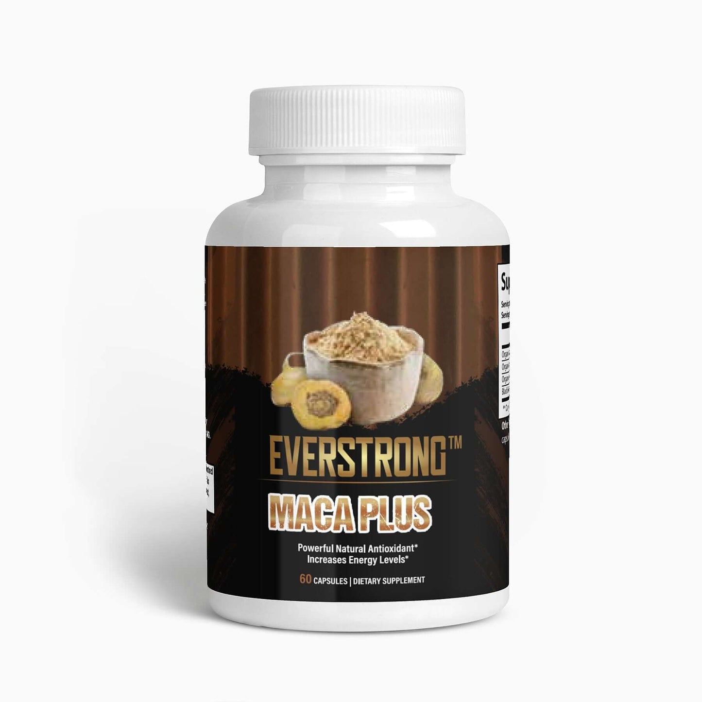 Maca Plus supplement bottle by EverStrong, promoting energy, stamina, and vitality with 60 capsules.