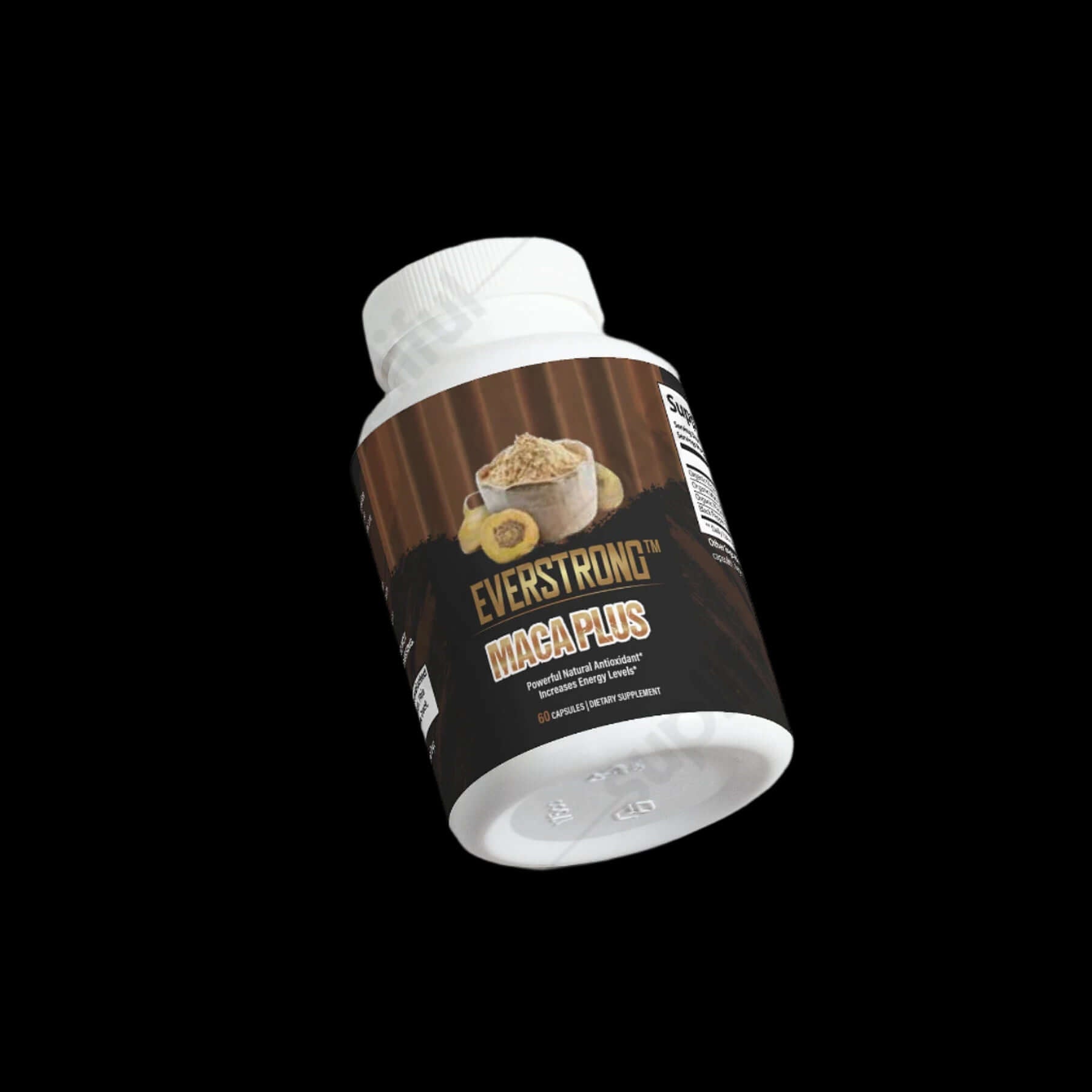 Bottle of EverStrong Maca Plus supplement for energy, stamina, and vitality with maca varieties.
