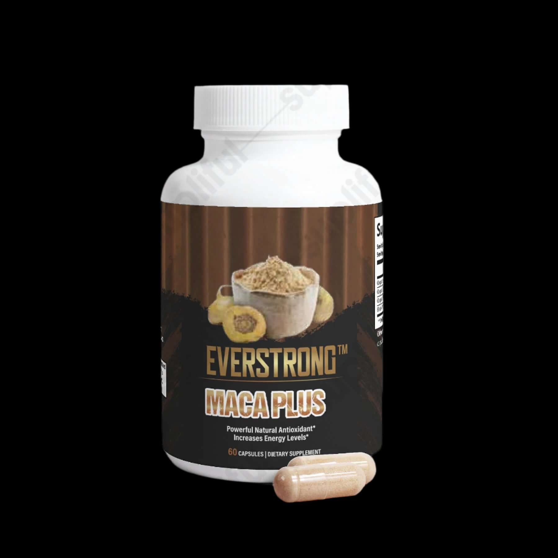 Maca Plus supplement bottle with powder and capsule, enhancing energy and vitality, for stamina support.