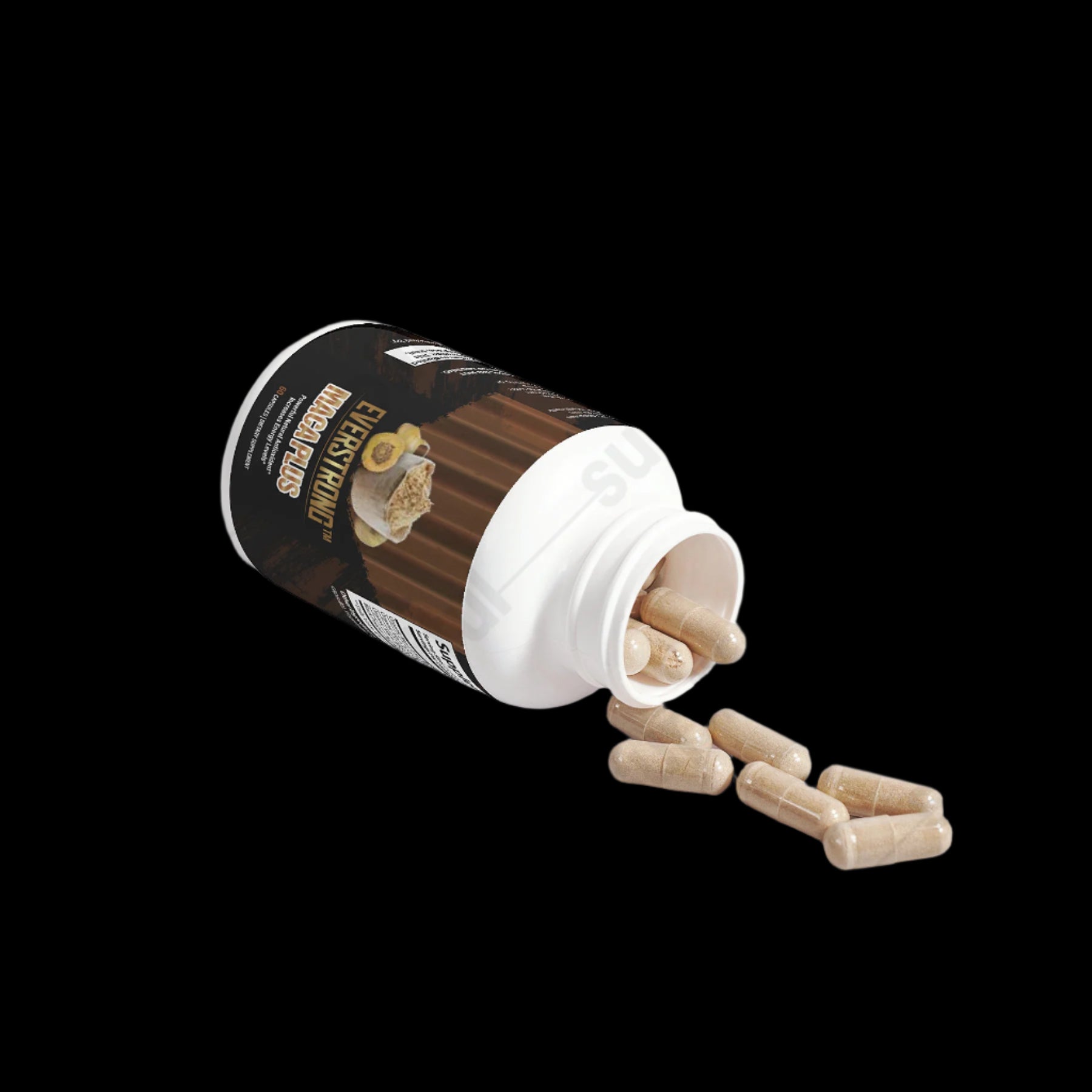 Maca Plus supplement bottle with capsules spilling out, designed for energy, stamina, and vitality support.