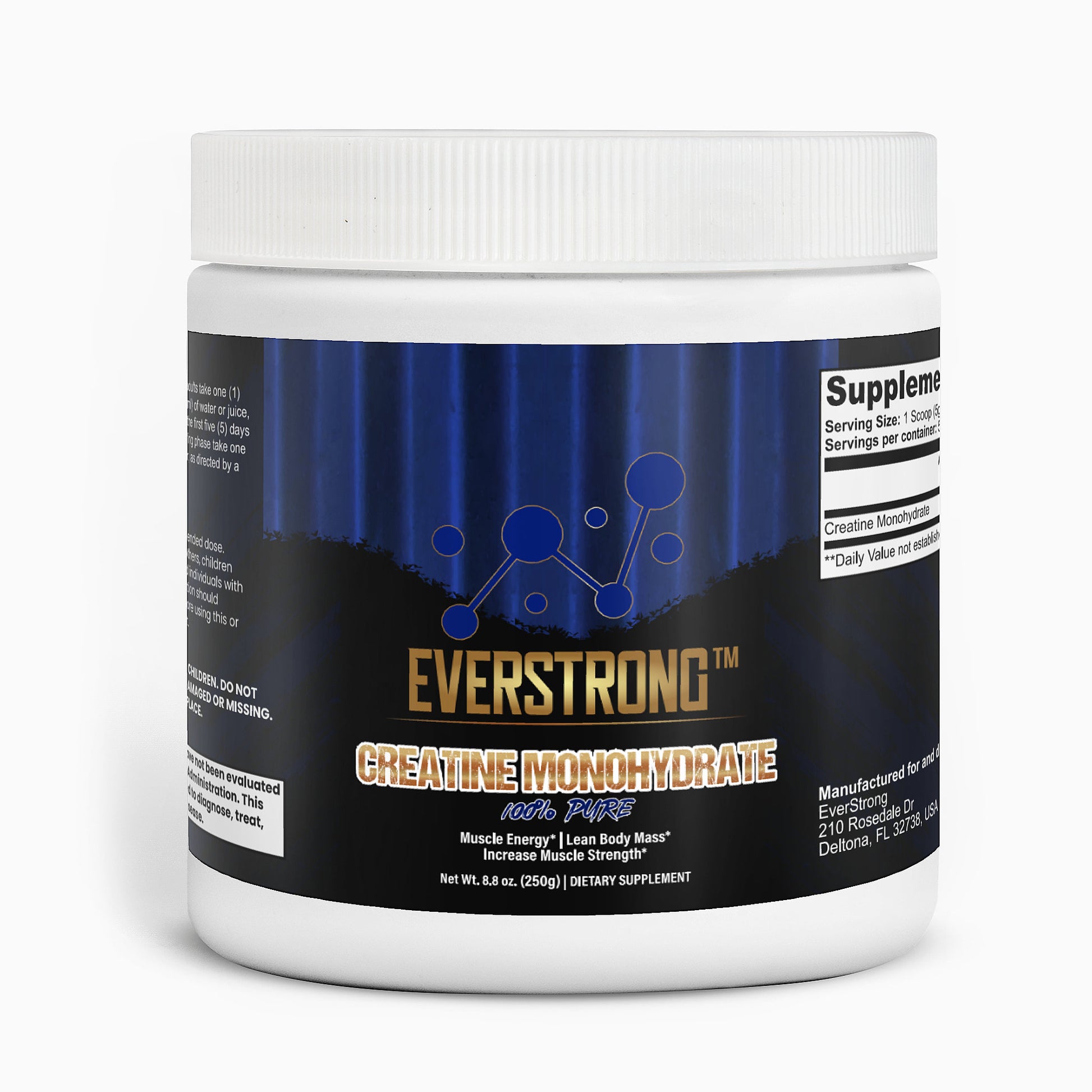 EverStrong Creatine Monohydrate supplement container for muscle strength and performance boost.