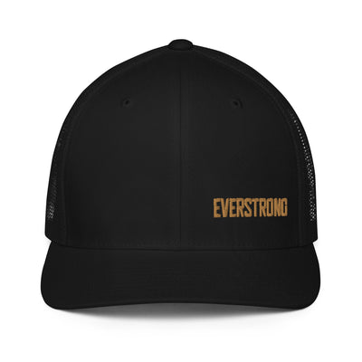 EVERSTRONG closed-back trucker cap in black with breathable mesh back and bold logo, perfect for casual outfits.