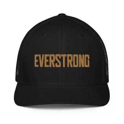 EVERSTRONG closed-back trucker cap in black with gold lettering, combining Y2K style and modern fashion.