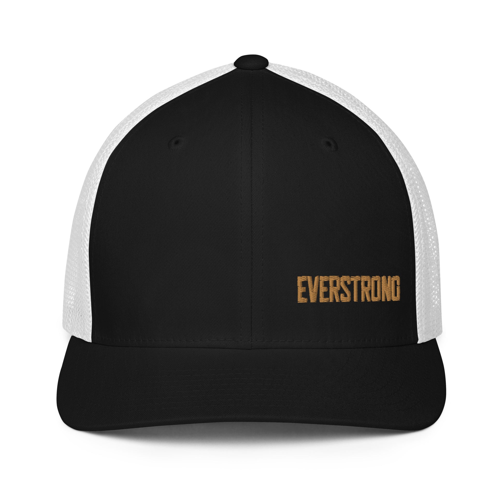 EVERSTRONG closed-back trucker cap with black front and white mesh back, blending classic style and modern comfort.