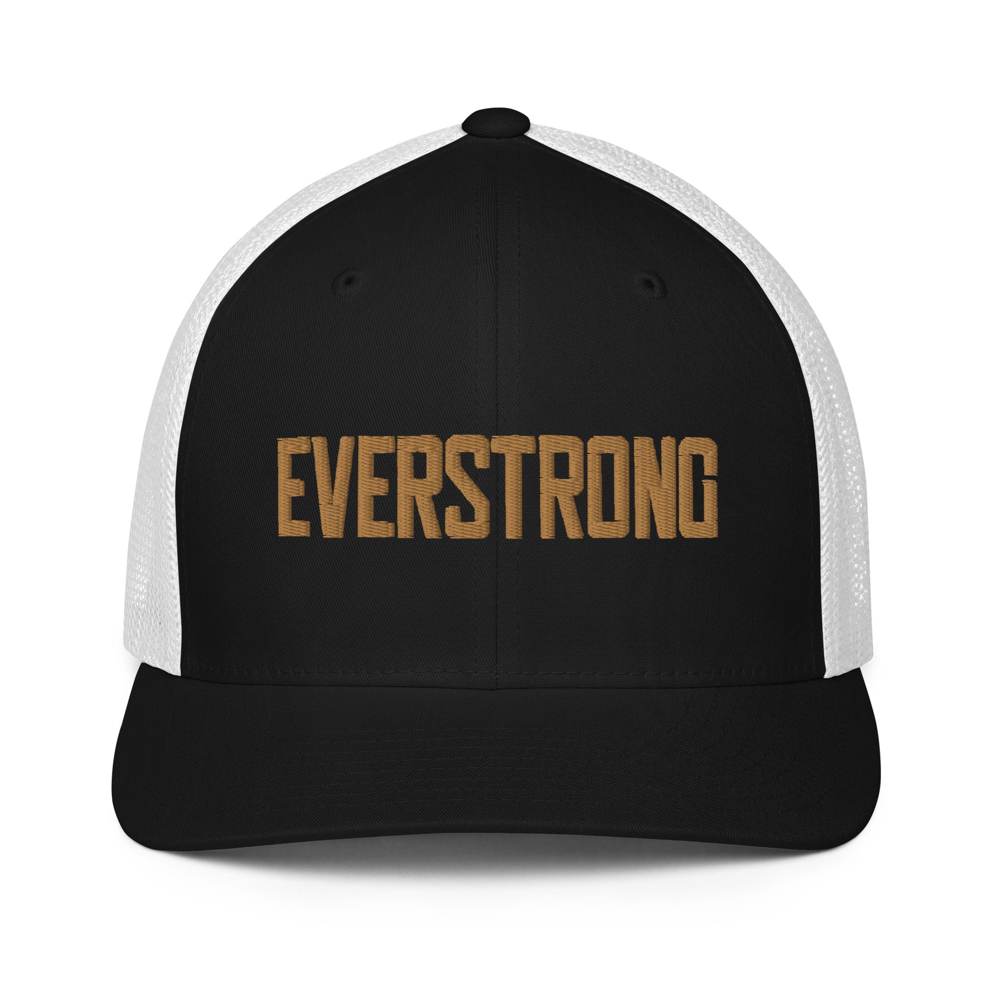 EVERSTRONG closed-back trucker cap featuring a black front and white mesh sides, perfect for trendy streetwear.