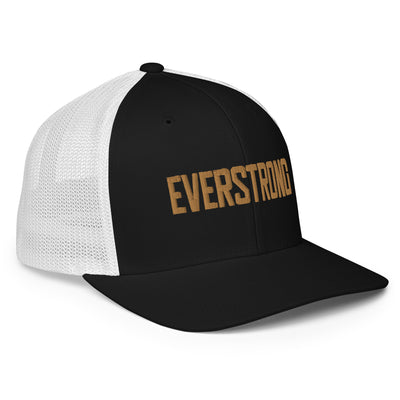 EVERSTRONG closed-back trucker cap in black and white, featuring bold logo for stylish streetwear.