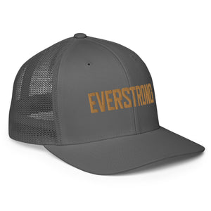 EVERSTRONG closed-back trucker cap in gray with mesh sides and bold gold lettering for a stylish look.