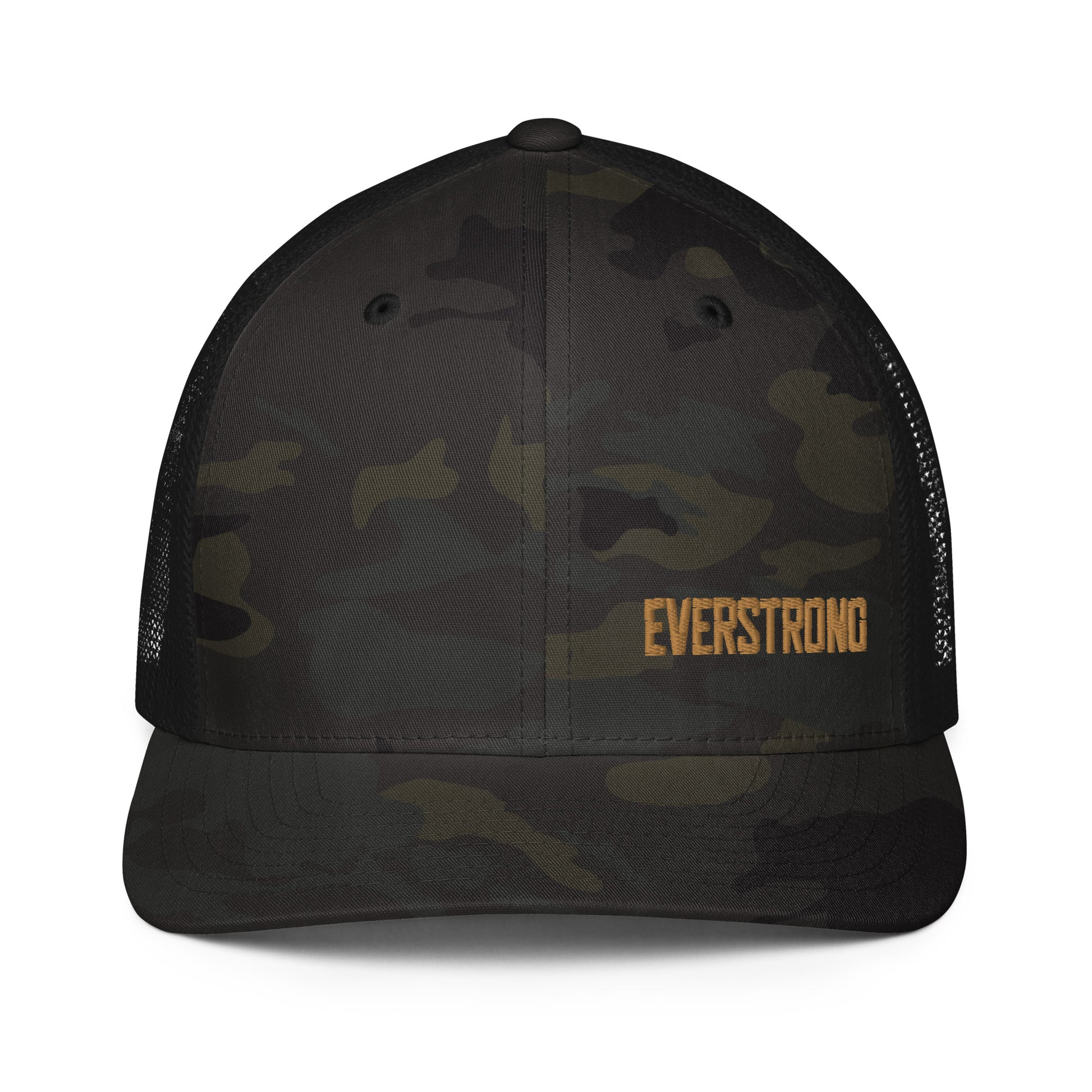 EVERSTRONG closed-back trucker cap in black camo with mesh back, perfect for streetwear and casual styles.