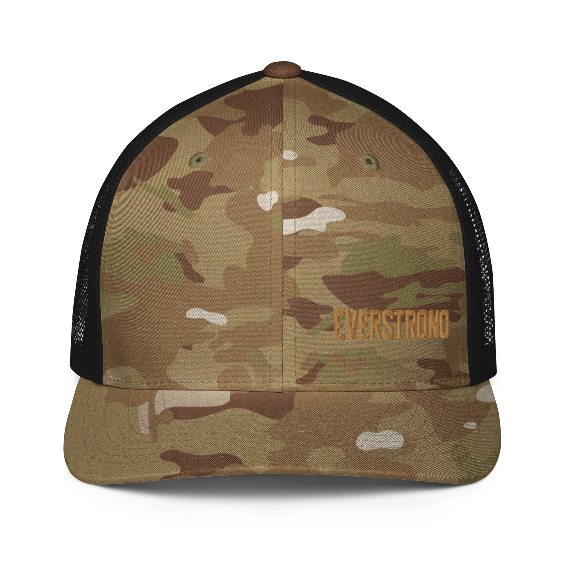 EVERSTRONG closed-back trucker cap featuring camouflage design and breathable mesh back.
