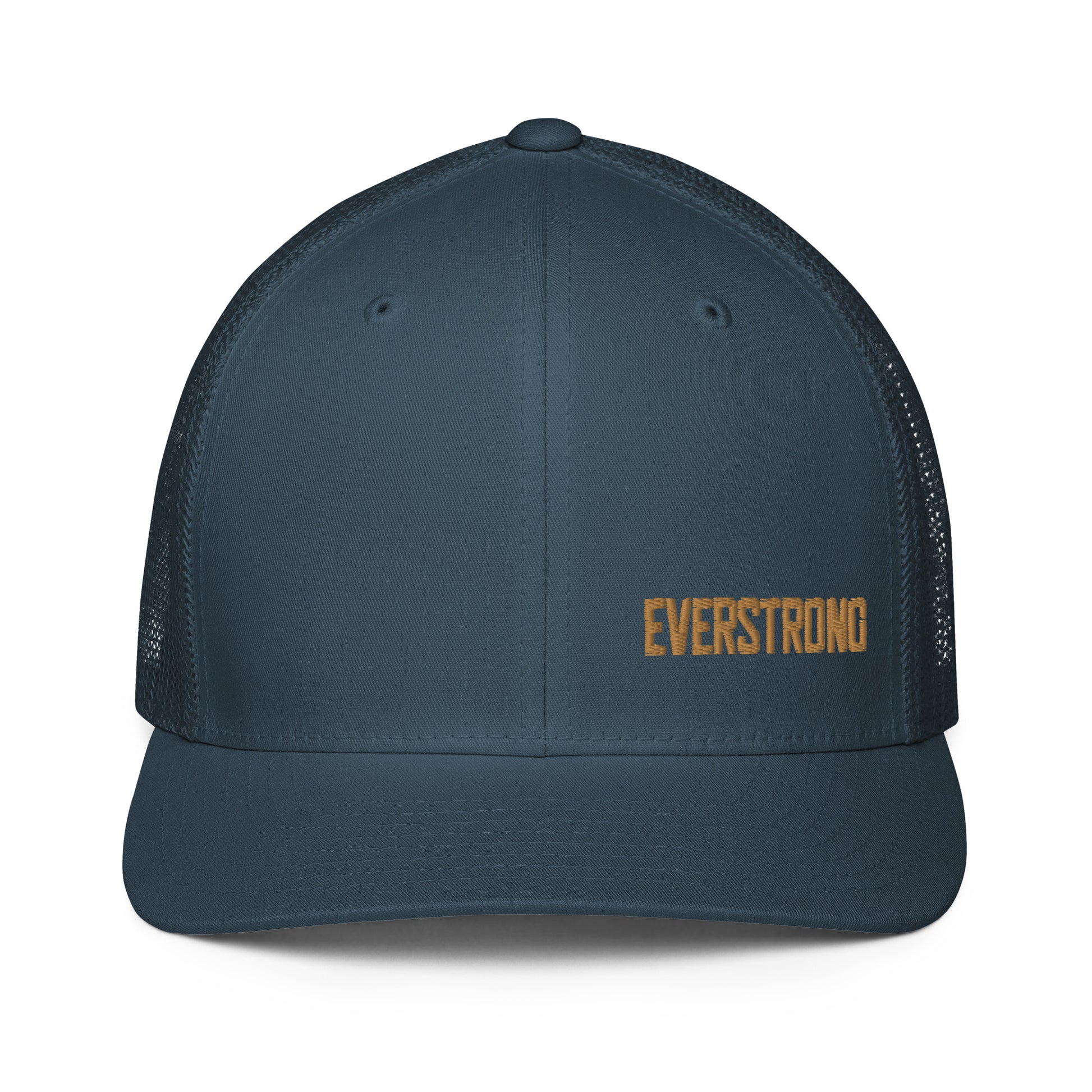 EVERSTRONG closed-back trucker cap in navy blue with mesh back, stylish for casual looks and outdoor wear.