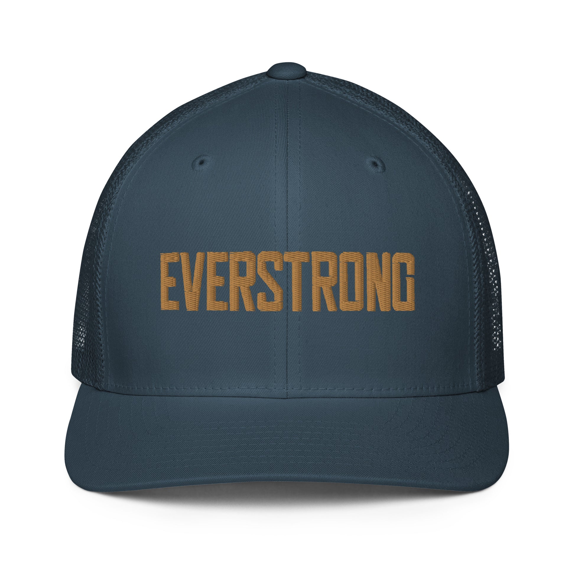 EVERSTRONG closed-back trucker cap in dark blue with stylish gold lettering, perfect for casual and streetwear outfits.