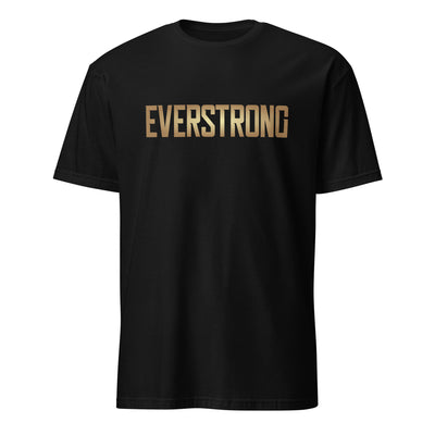 Black EverStrong t-shirt showcasing bold gold lettering, perfect for fitness enthusiasts and stylish workouts.