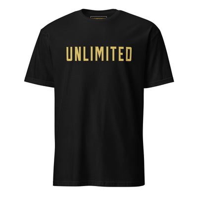 EVERSTRONG Unlimited T-Shirt in black with bold gold lettering, made of 100% ring-spun cotton for comfort and durability.
