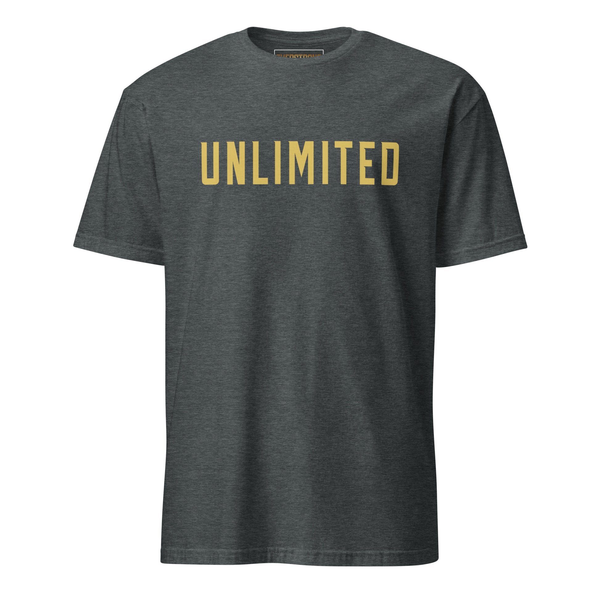 EVERSTRONG Unlimited T-Shirt in Dark Heather with bold gold lettering, showcasing comfort and durability.