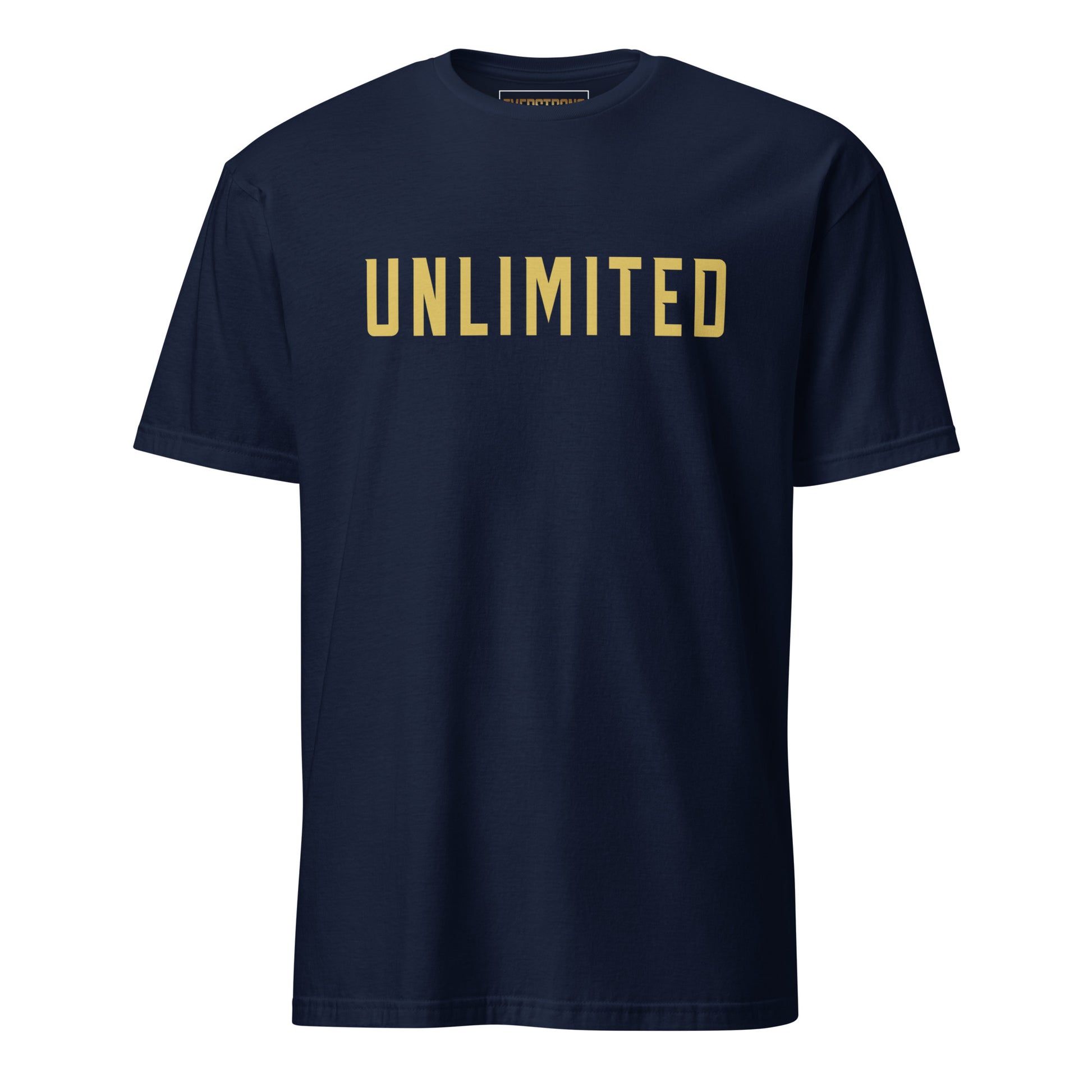 Navy blue EVERSTRONG UNLIMITED T-Shirt made of 100% ring-spun cotton, featuring bold gold lettering.