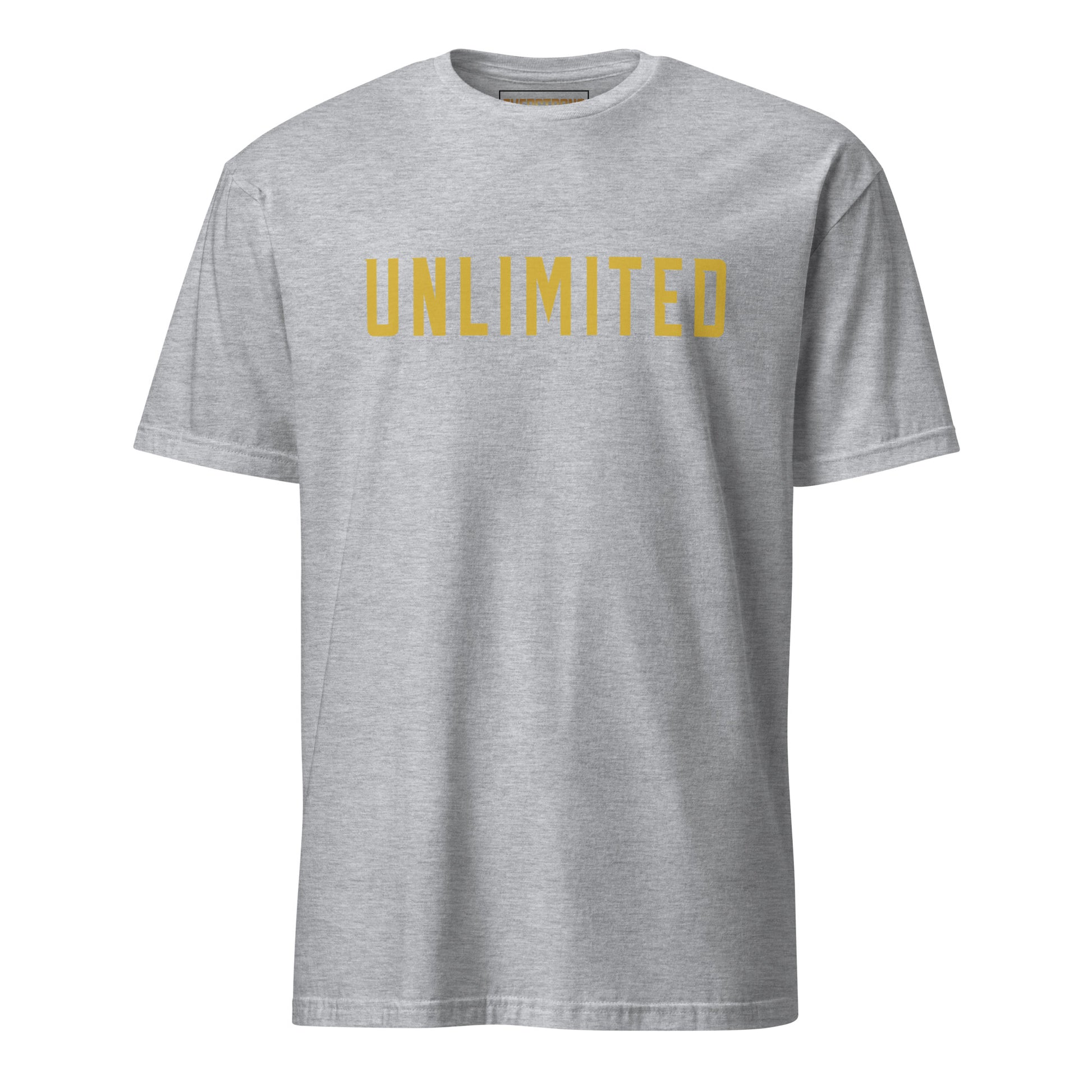 Grey t-shirt featuring the word 'UNLIMITED' in bold gold text, made from soft ring-spun cotton.