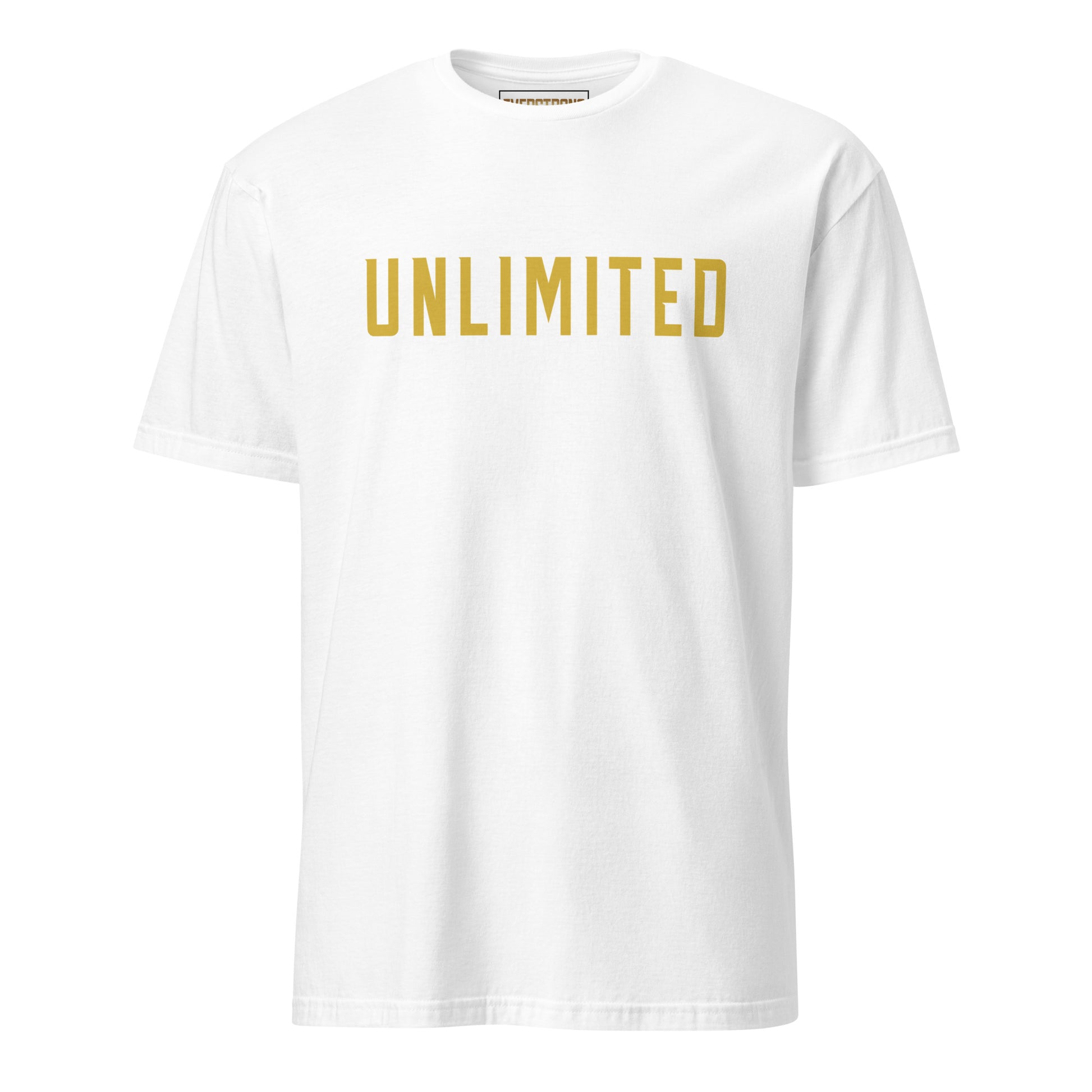 EVERSTRONG UNLIMITED T-Shirt in white with bold gold lettering, made from 100% ring-spun cotton for comfort and durability.