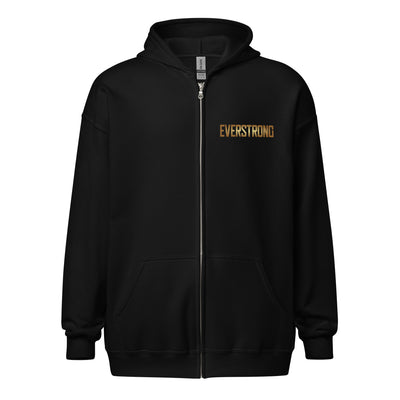 EVERSTRONG heavy blend zip hoodie in black with gold logo, featuring a metal zipper and front pockets.