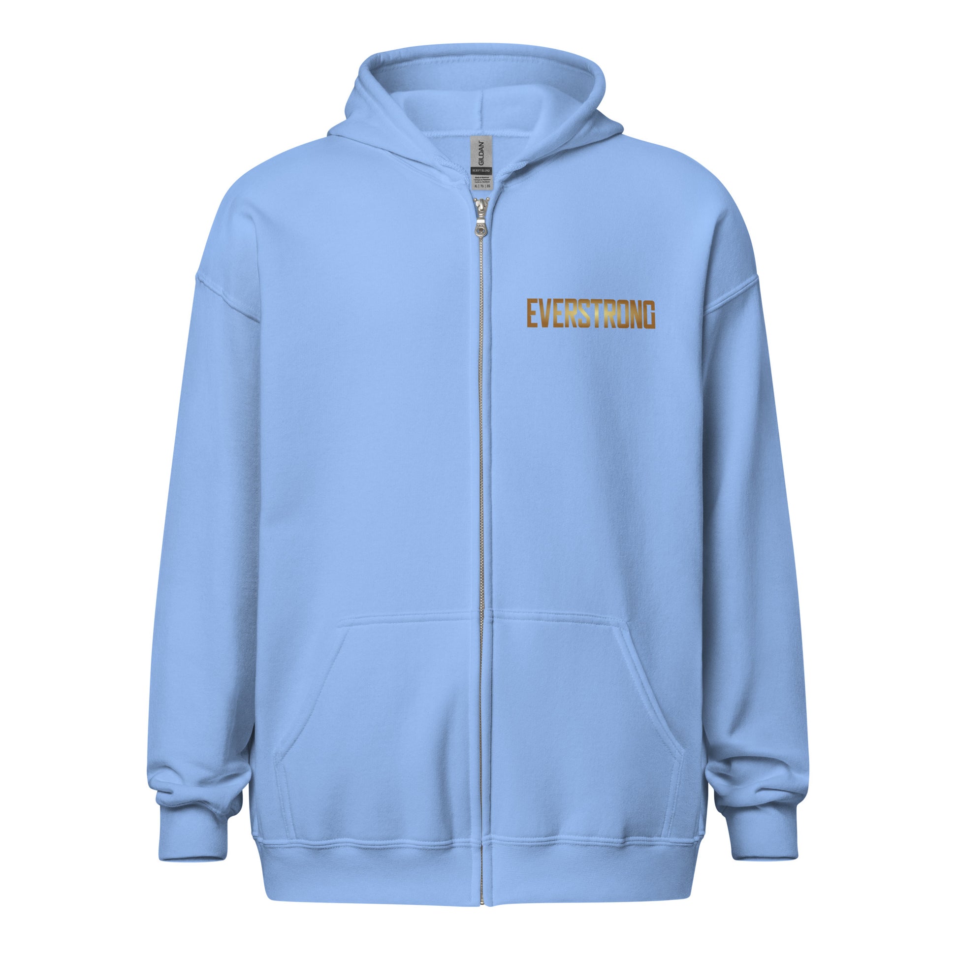 Light blue EVERSTRONG Heavy Blend Zip Hoodie featuring a metal zipper and front pockets.