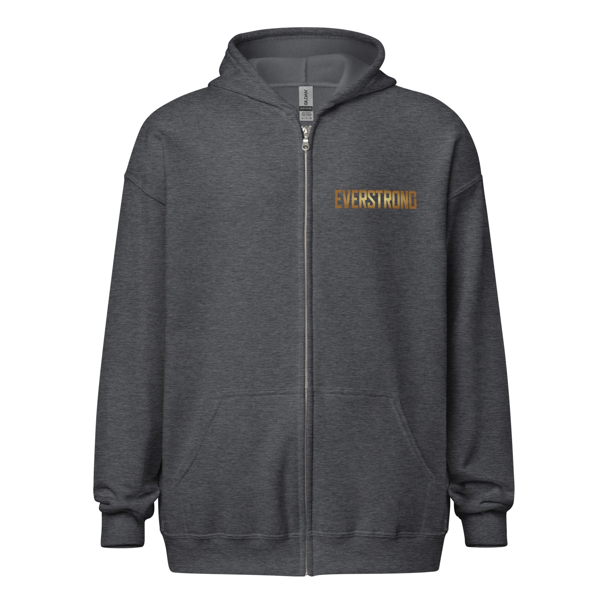 EVERSTRONG Heavy Blend Zip Hoodie in dark gray with front zipper and logo, featuring pockets and a hood.