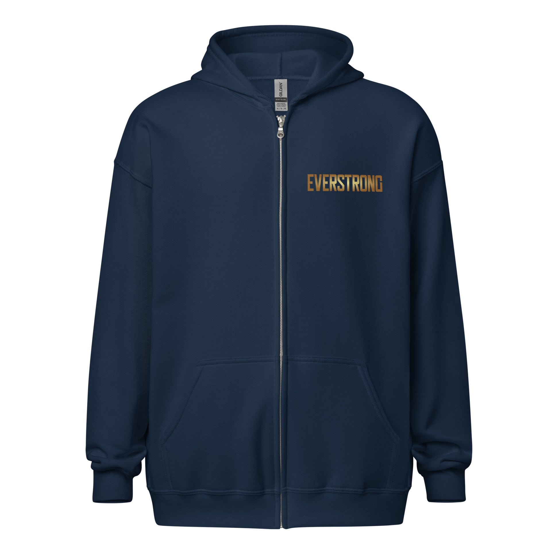 EVERSTRONG Heavy Blend Zip Hoodie in navy with front zipper and pockets, designed for comfort and style.
