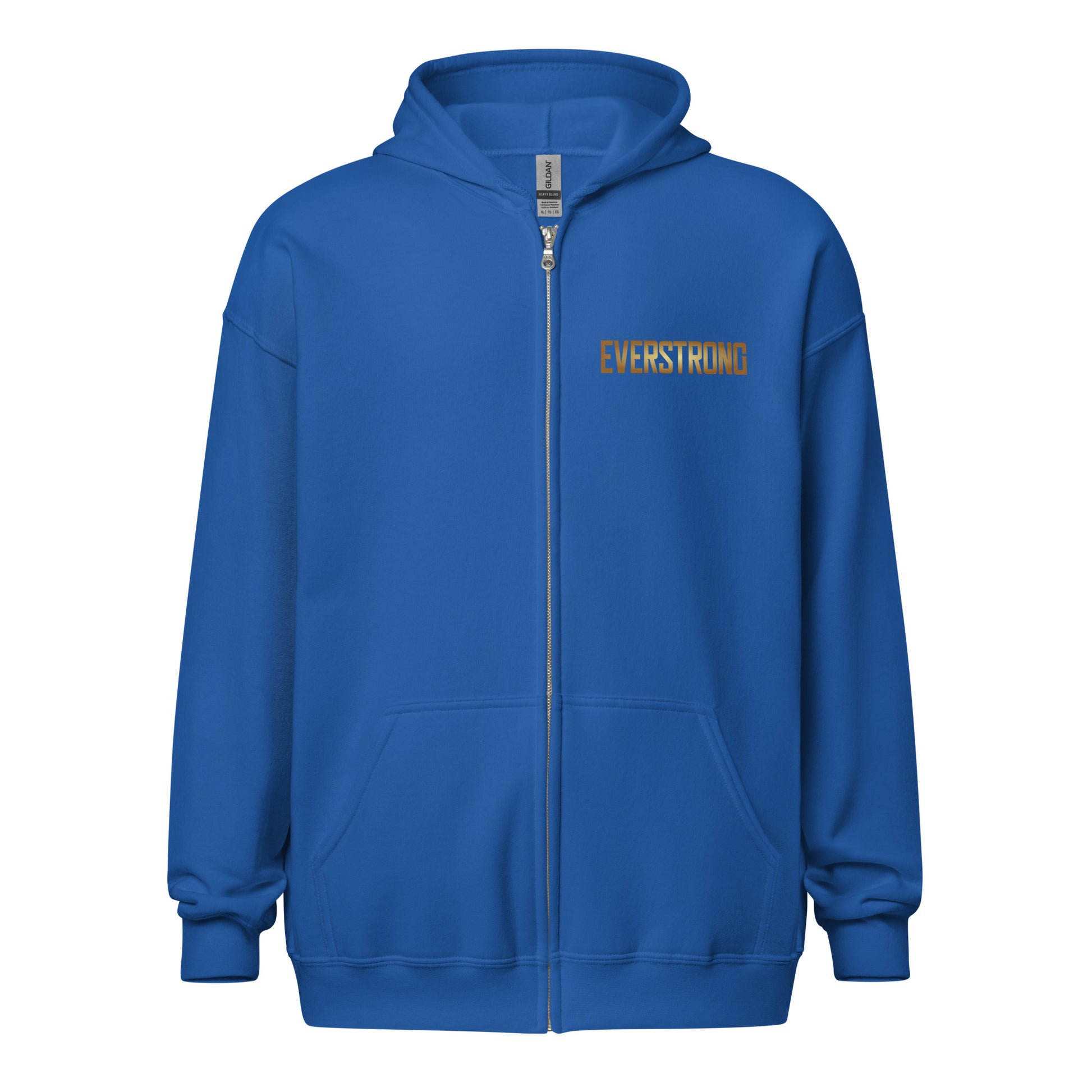 Blue EVERSTRONG heavy blend zip hoodie with front pockets and a metal zipper.
