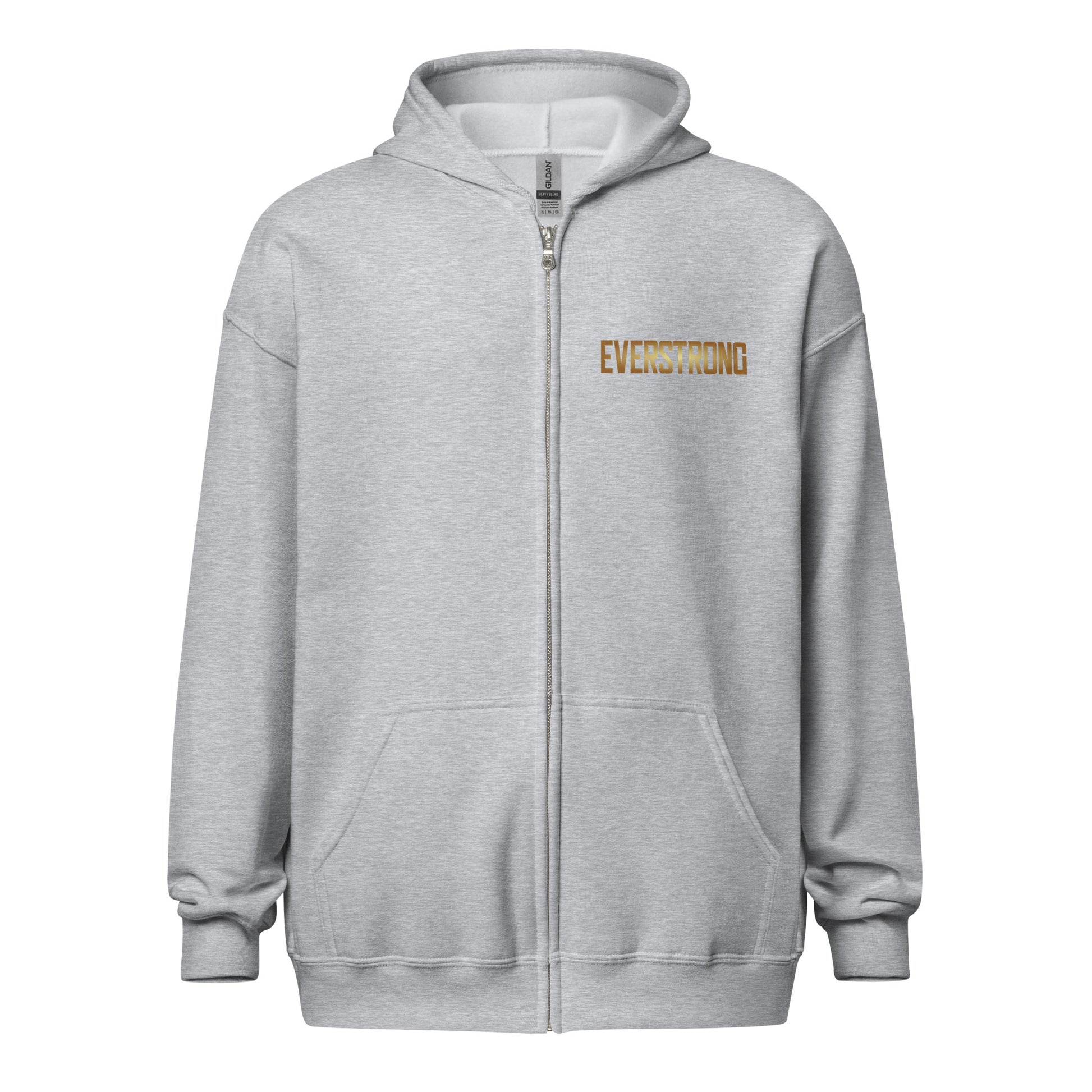 EVERSTRONG heavy blend zip hoodie in grey with front pockets and drawstrings, stylish and comfortable apparel.