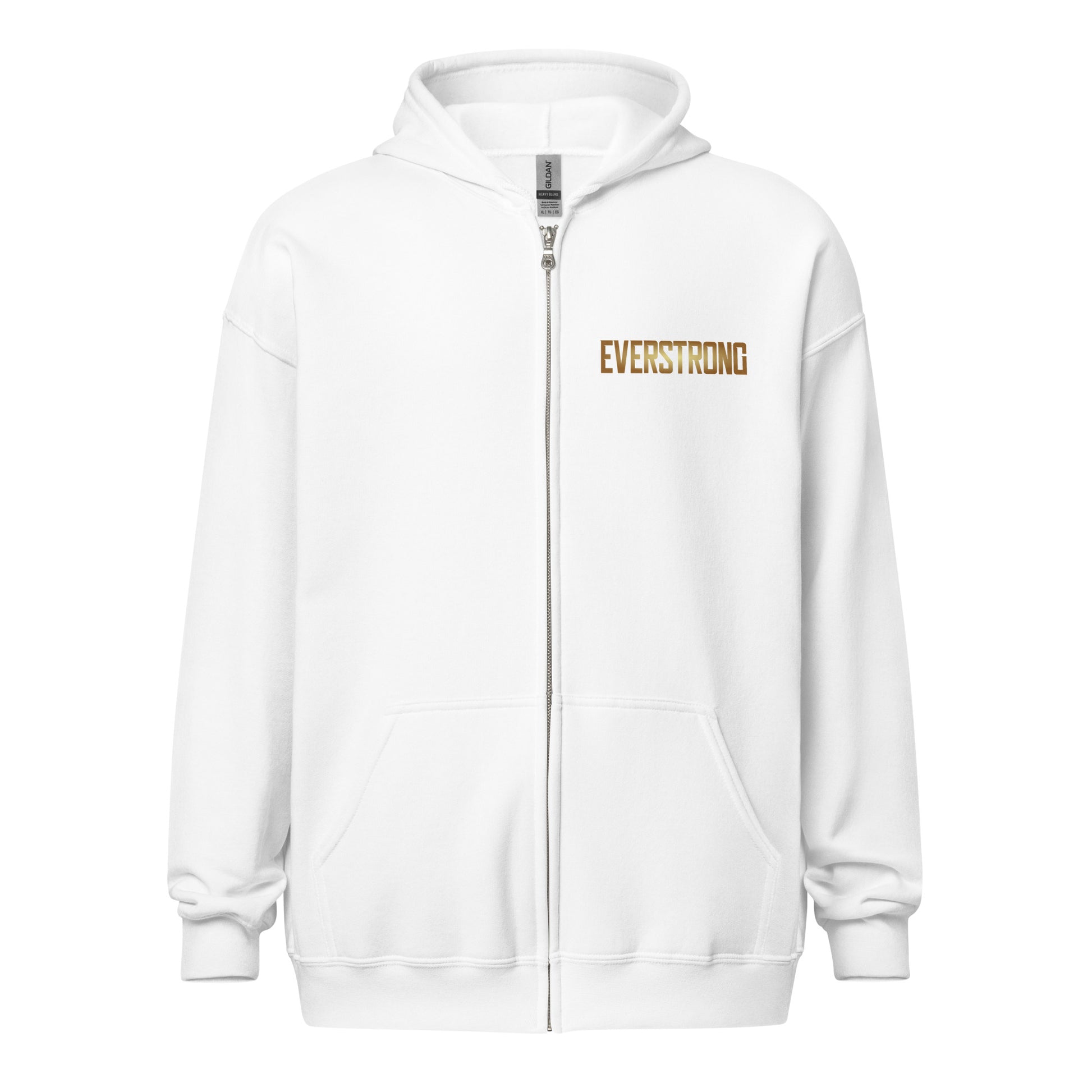 EVERSTRONG Heavy Blend Zip Hoodie in white with logo, featuring soft fleece and front pockets.