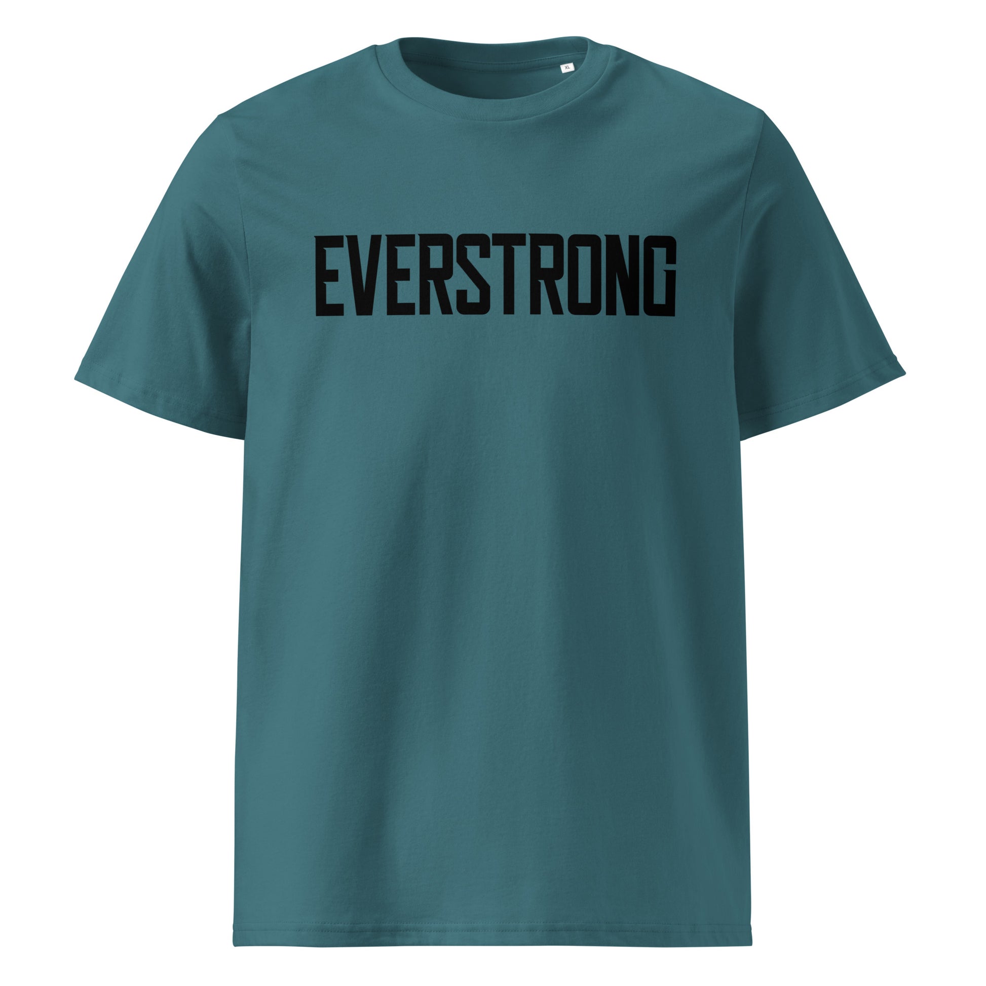 EverStrong organic ribbed neck t-shirt in teal color with bold 'EVERSTRONG' print.